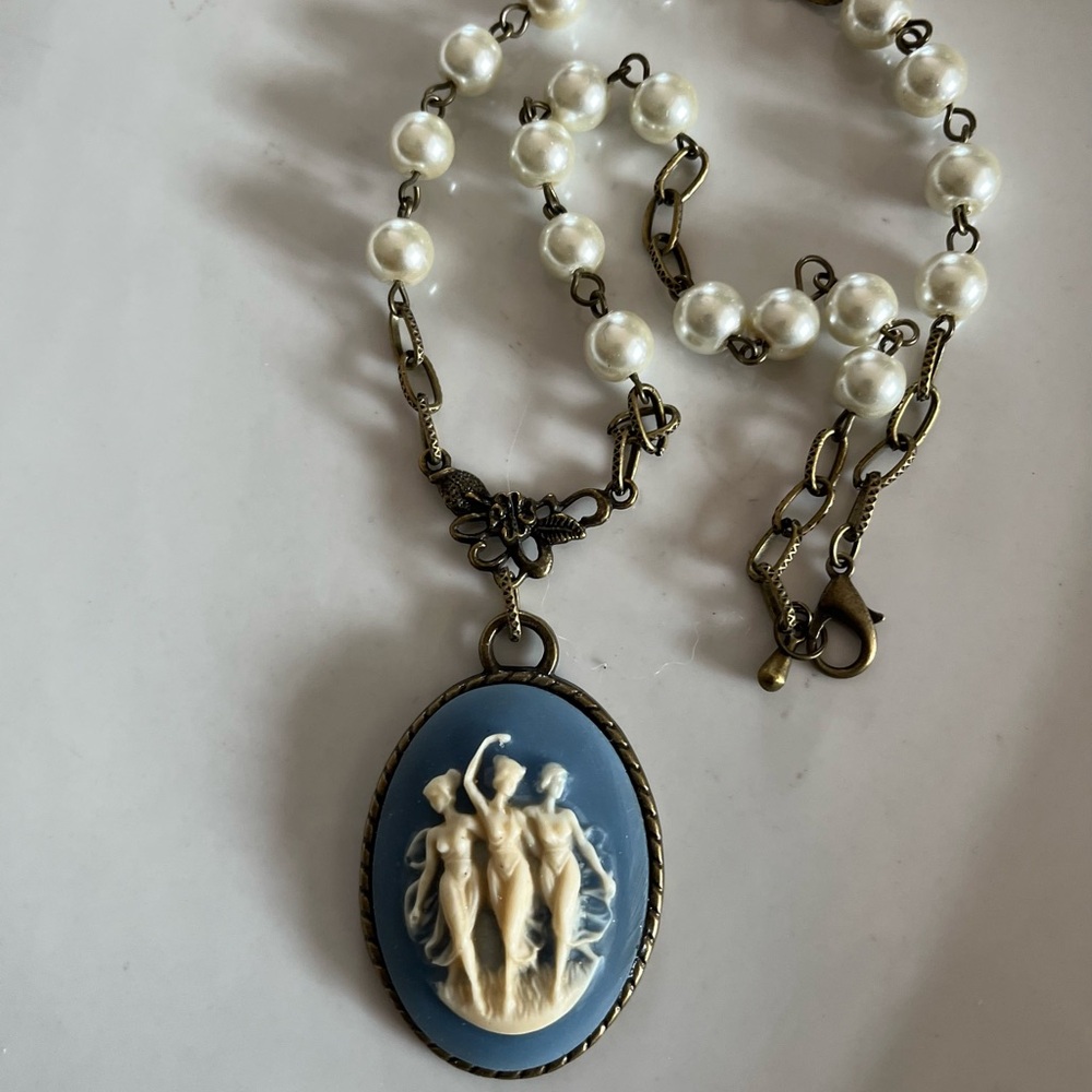Vintage Wedgwood Blue Style 3 Graces Muses Victorian Style Cameo Necklace